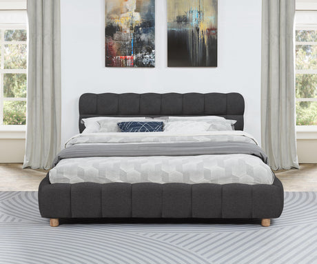 Ctoria Queen Burlap Bed Frame with 30" Curved Block-Style Headboard, Low Profile in Grey - back view