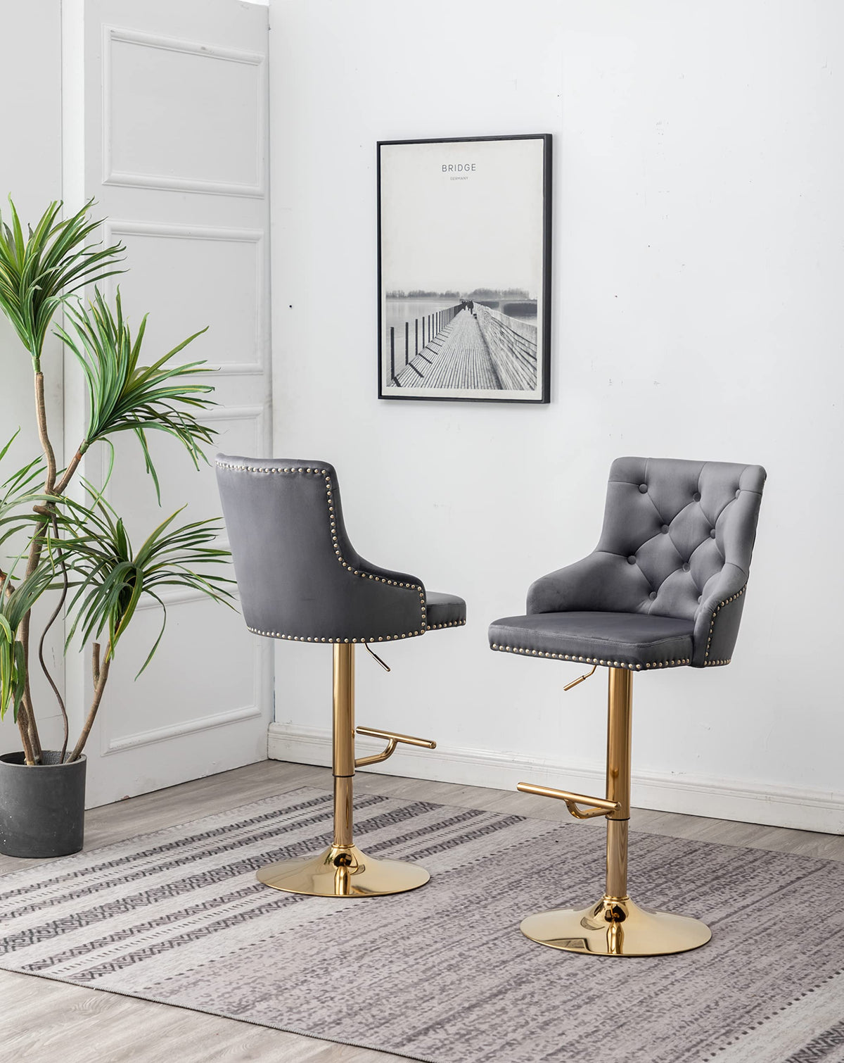 Brightcast 2-Piece Velvet Tufted Gold Bar Stools in Dark Gray - front view