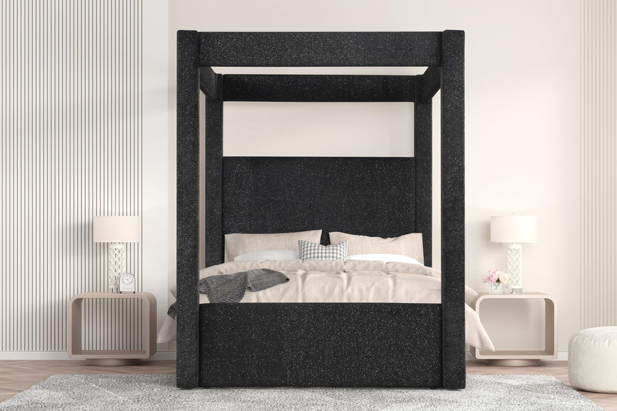 Borealis Canopy Bed Frame with Celestial Starry Upholstery, King, 87" Tall Headboard in Black
