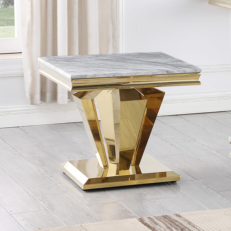 Chihiro Contemporary Grey Square Stone End Table in Gold