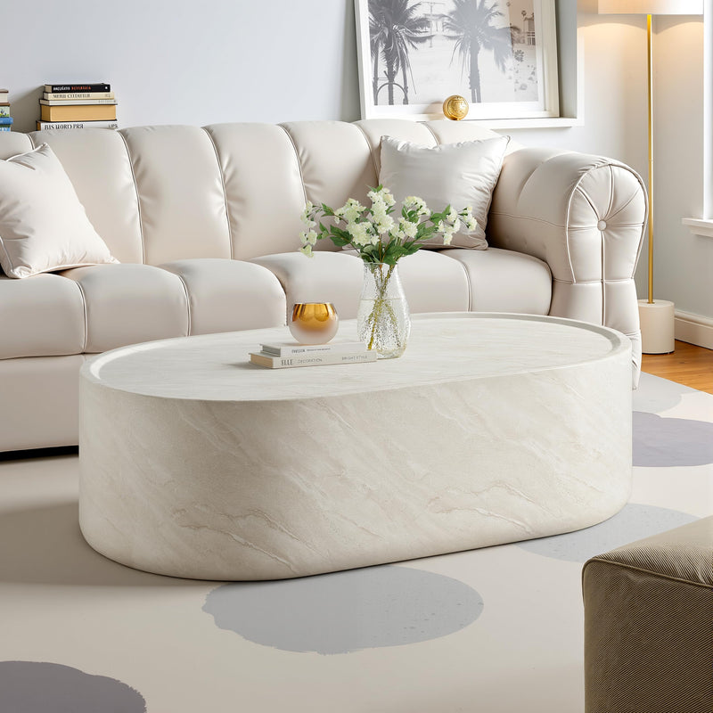 Vyn 52" Oval Coffee Table Concrete Travertine Finish, Modern Organic Large Drum Center Table in Cloud