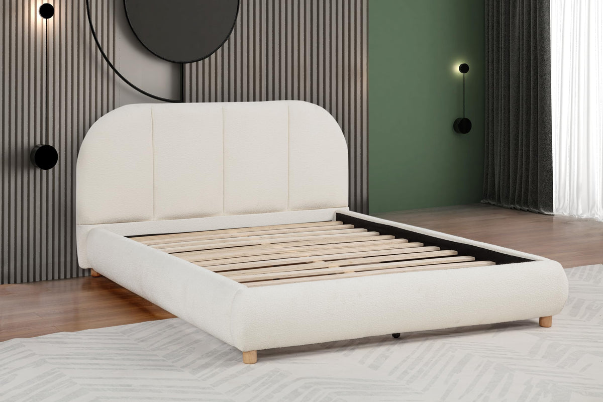 Ctasia Queen Burlap Bed Frame with 40" Rounded Headboard, Low Profile in Ivory - detail view