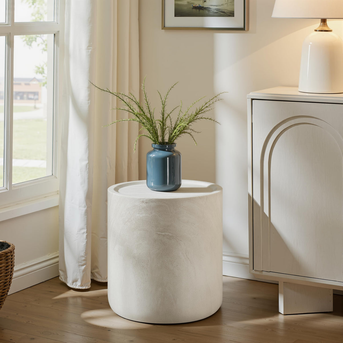 Vyn 18" Round End Table Concrete Travertine Finish, Modern Organic Drum Side Table in Cloud - detail view