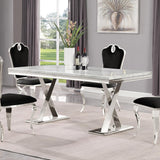 Leona Contemporary White Rectangular Faux Marble Dining Table in Silver - front view