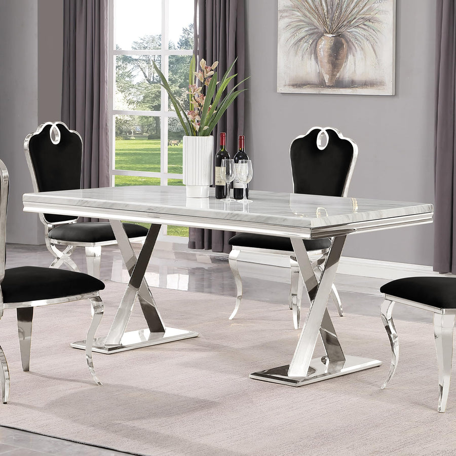 Leona Contemporary White Rectangular Faux Marble Dining Table in Silver