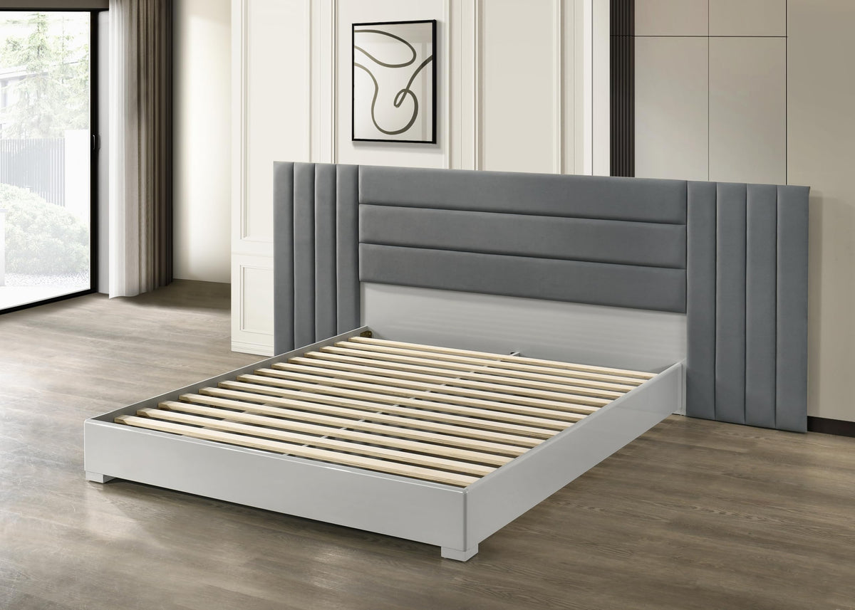 Velasca 83" Queen Bed Frame, Fabric Channel Tufted Headboard in Dark Gray/Light Gray - detail view