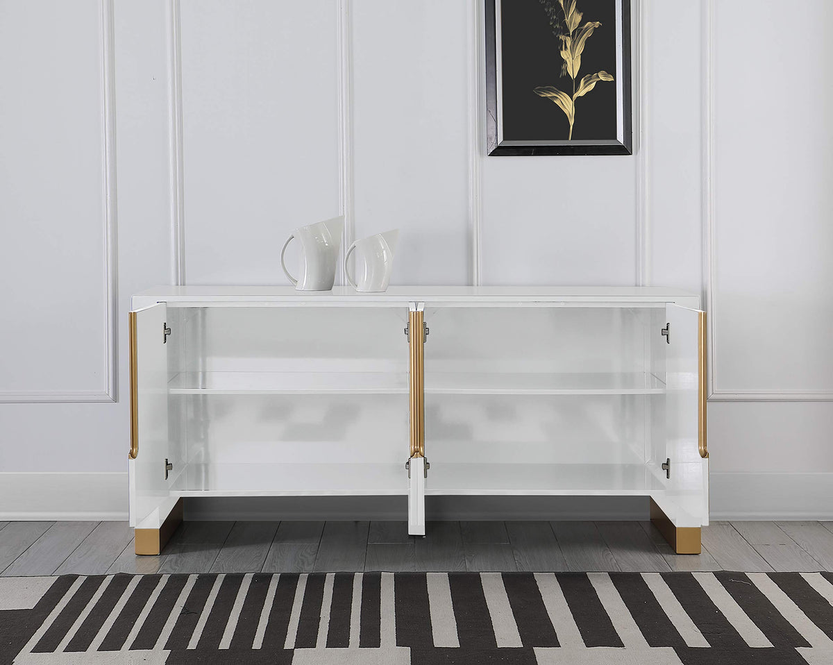 s Theona High Gloss Lacquer Sideboard/Buffet with Gold Trim in White - detail view