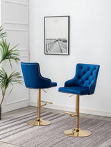 Brightcast 2-Piece Velvet Tufted Gold Bar Stools in Blue - front view