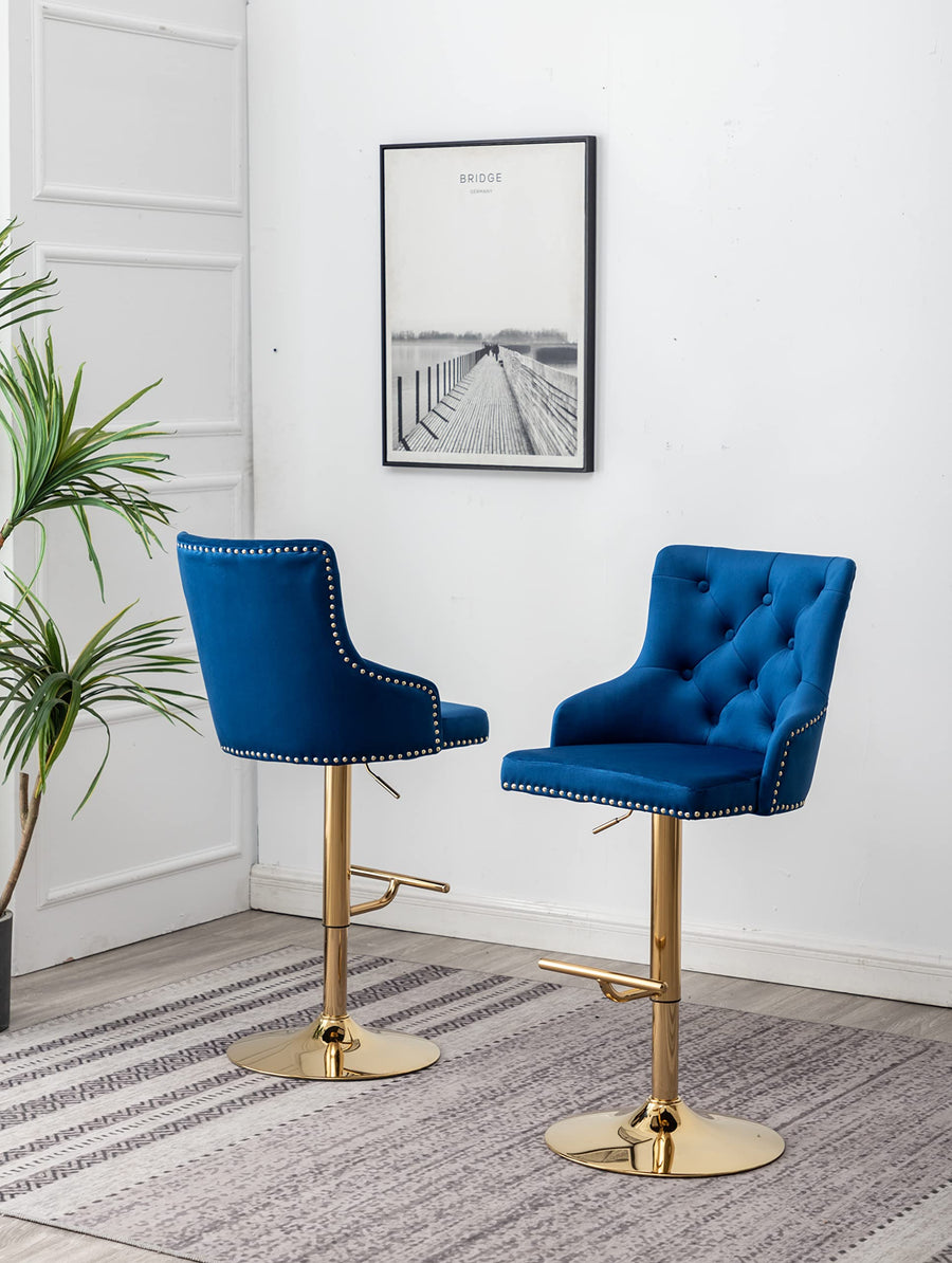 Brightcast 2-Piece Velvet Tufted Gold Bar Stools in Blue - Set of 2