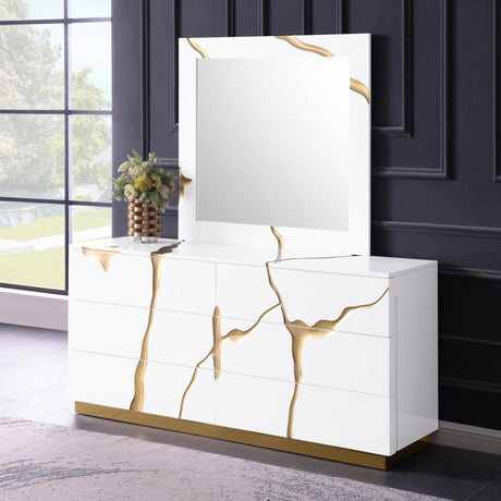 Trevello 5-Piece Modern High Gloss Lacquered Bedroom Set, California King Bed Frame in White/Gold - room setting