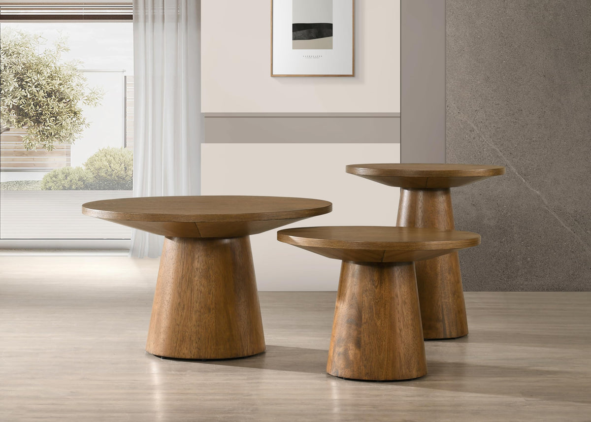 Terra 29" Round Pedestal Coffee Table in Walnut - angle view