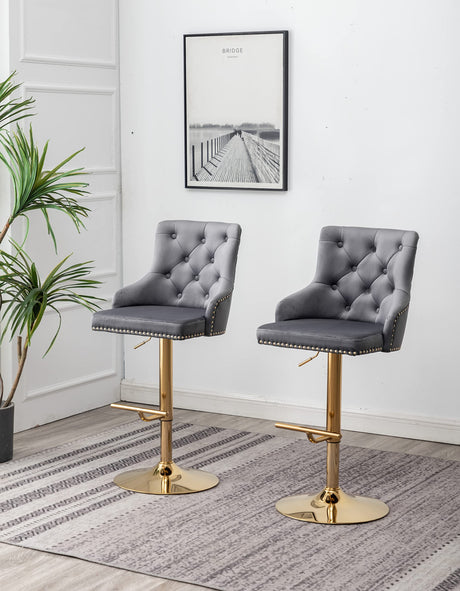 Brightcast 2-Piece Velvet Tufted Gold Bar Stools in Dark Gray - detail view