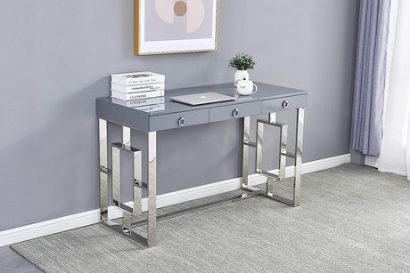 Grey Modern Computer Office Desk with Lacquered Grey Top, Silver Base & 3 Storage Drawers - front view