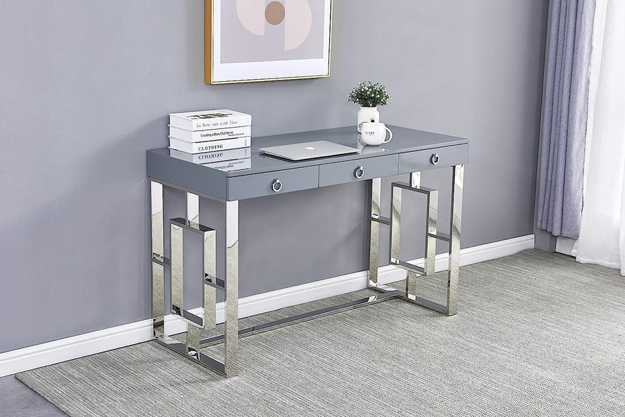 Grey Modern Computer Office Desk with Lacquered Grey Top, Silver Base & 3 Storage Drawers