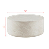 Vyn 36" Round Coffee Table Concrete Travertine Finish, Modern Organic Drum Center Table in Cloud - side view