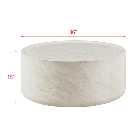 Vyn 36" Round Coffee Table Concrete Travertine Finish, Modern Organic Drum Center Table in Cloud - side view
