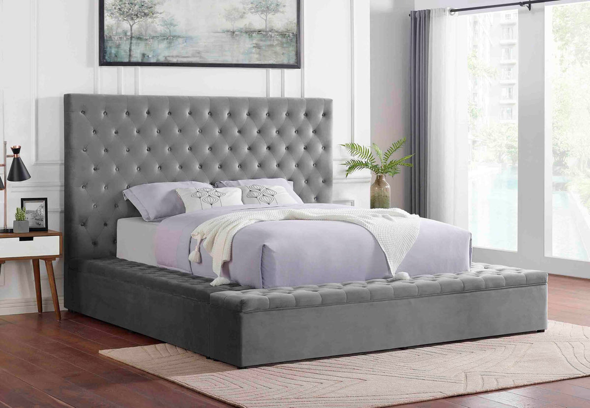 Yumi Upholstered Velvet Low Profile Platform Bed, King, Gray - front view