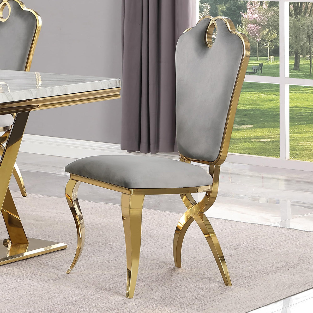 Leona Contemporary Velvet Royal Dining Chair with X-Shaped Gold Legs - front view