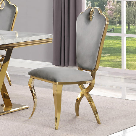 Leona Contemporary Velvet Royal Dining Chair with X-Shaped Gold Legs - front view