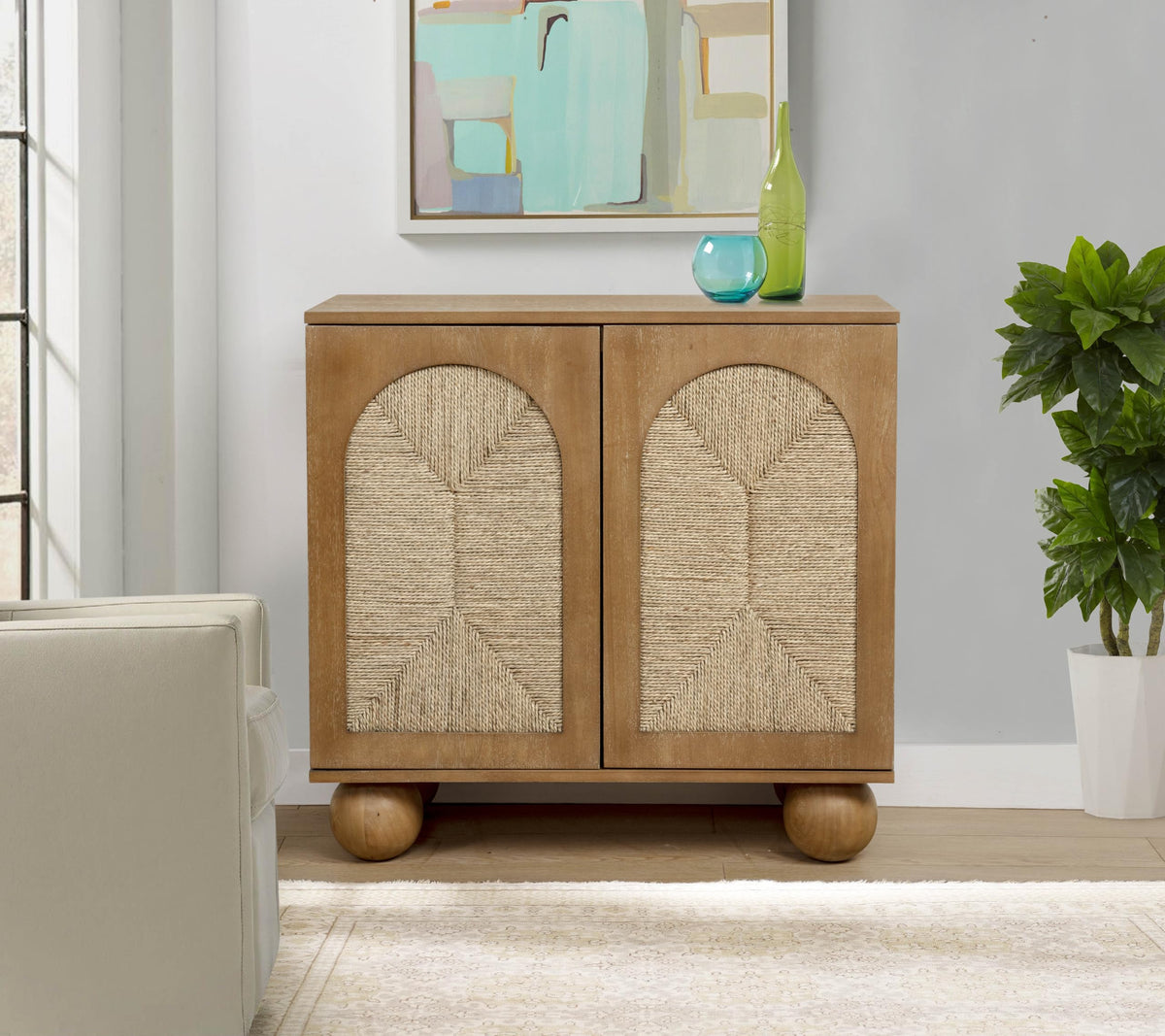 d Organic Woven Rope Arch Inlay Minimal Assembly Entryway Console Furniture in Brown - front view
