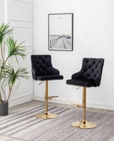 Brightcast 2-Piece Velvet Tufted Gold Bar Stools in Black - front view