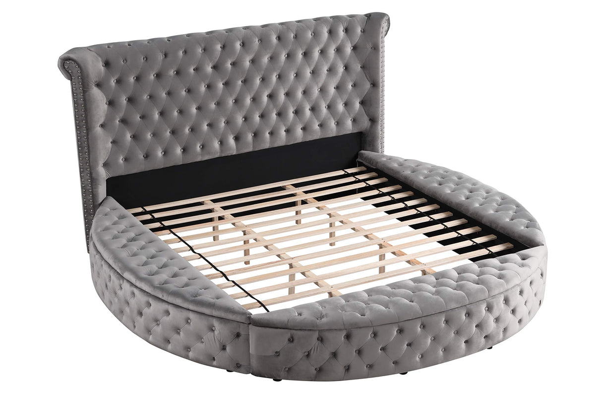 Lexi Round Upholstered Velvet Platform Bed Frame, Queen, Grey - side view