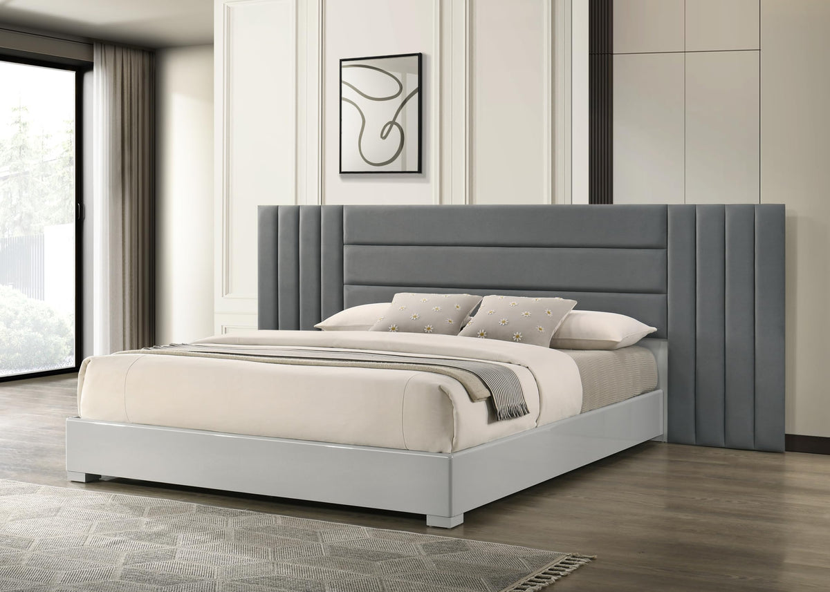 Velasca 83" Eastern King Bed Frame, Fabric Channel Tufted Headboard in Dark Gray/Light Gray - front view