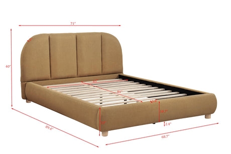 Ctasia Queen Burlap Bed Frame with 40" Rounded Headboard, Low Profile in Golden Brown - side view