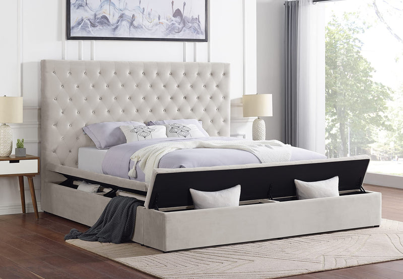 Yumi Upholstered Velvet Low Profile Platform Bed, Queen, Cream