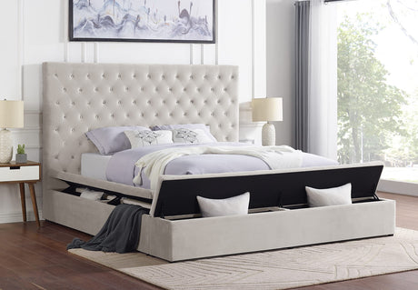 Yumi Upholstered Velvet Low Profile Platform Bed, California King, Cream - front view