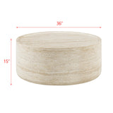 Vyn 36" Round Coffee Table Concrete Travertine Finish, Modern Organic Drum Center Table in Sand - side view