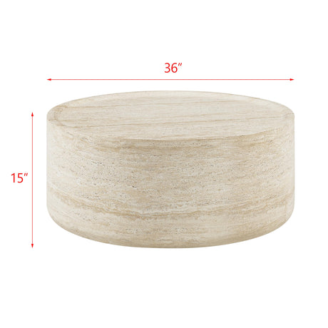 Vyn 36" Round Coffee Table Concrete Travertine Finish, Modern Organic Drum Center Table in Sand - side view