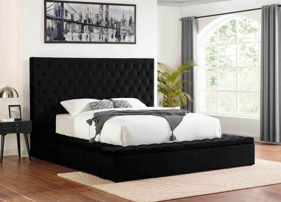 Yumi Upholstered Velvet Low Profile Platform Bed, Queen, Black