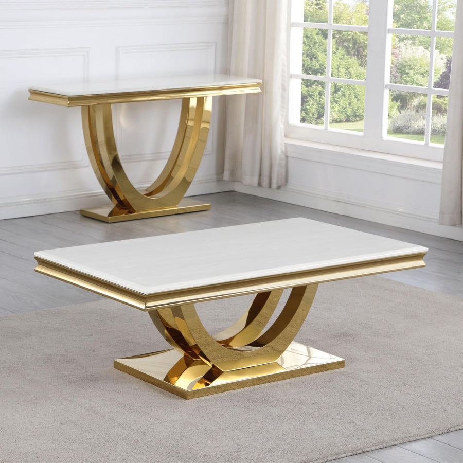 Trinidad Contemporary White Rectangular Stone Coffee Table in Gold
