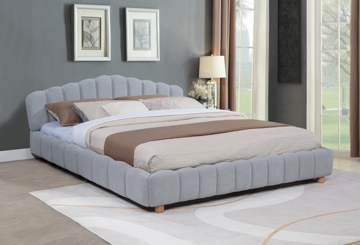 Ctera Queen Velvet Bed Frame with 30" Shell-Shaped Headboard, Low Profile in Light Grey - front view - Light Grey