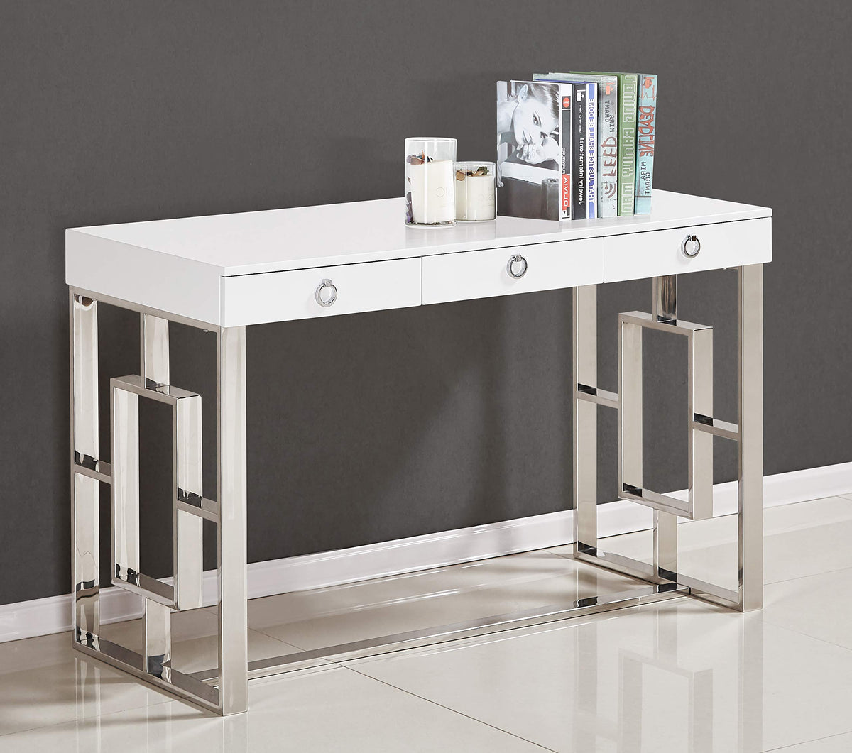 New Modern Desk, White/Silver - front view