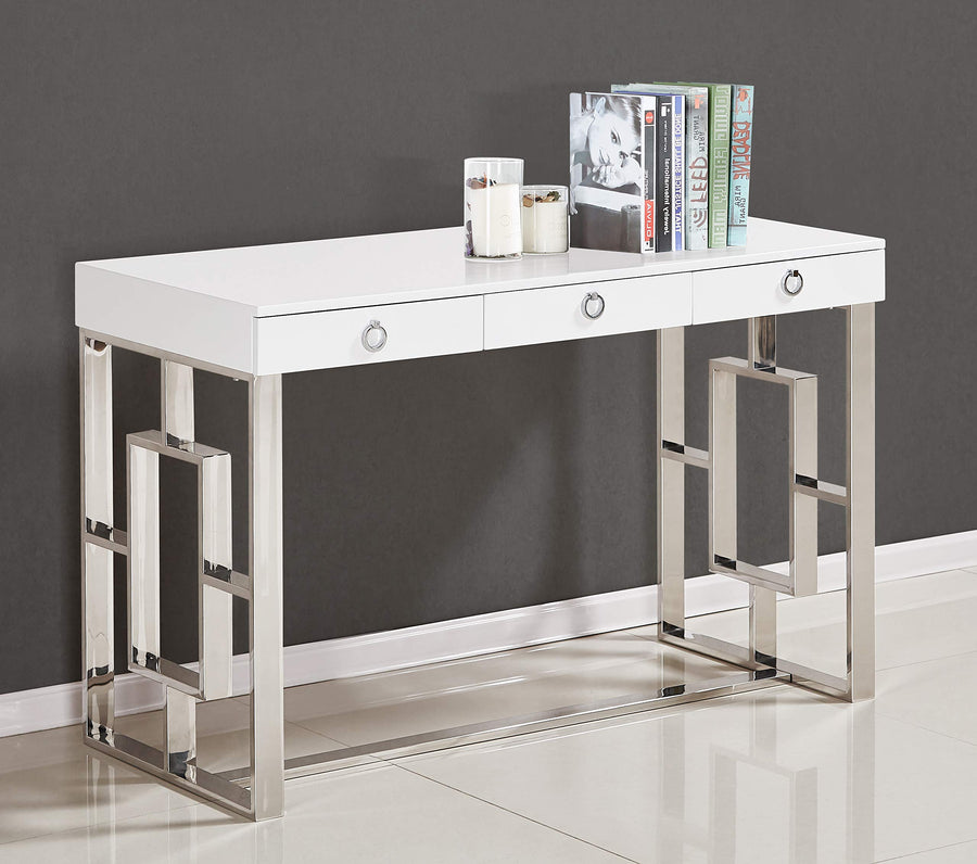 Modern Desk with 3 Soft-Close Drawers & High Gloss Lacquer Top - Home Office Desk in White/Silver, 47" Wide