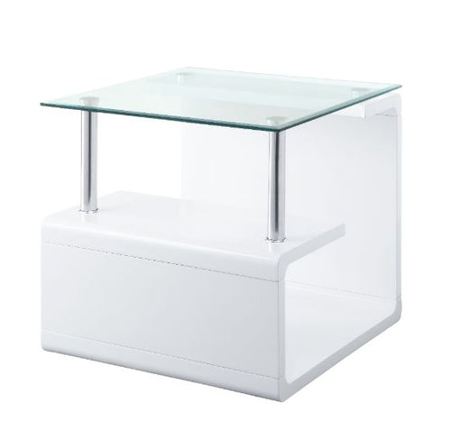 Nevaeh Glass Top End Table - Geometric High Gloss Base in White