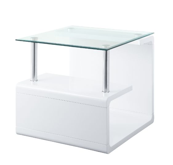 Nevaeh Glass Top End Table - Geometric High Gloss Base in White