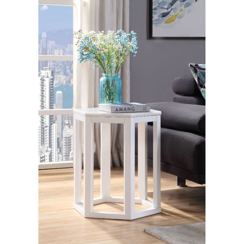 Reon Hexagon Marble-Top Accent Tables (Set of 2) - Open Wood Base in White or Walnut