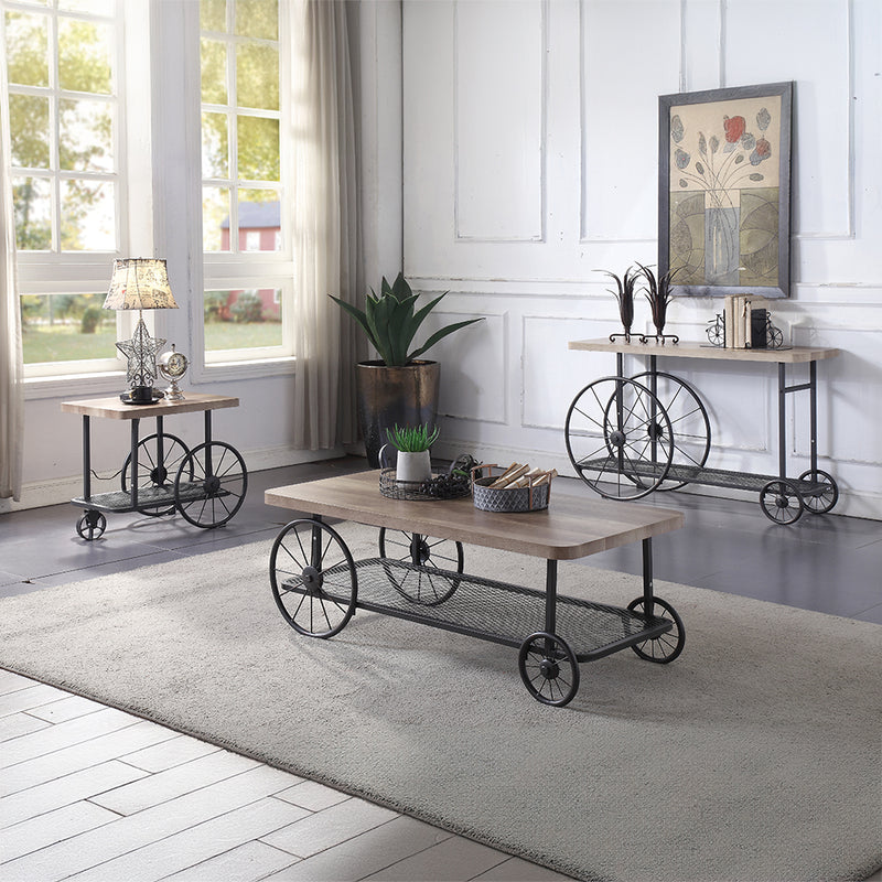 Francie Industrial Cart Tables - Butcher Block Top, Mesh Shelf & Wheels in Oak & Antique Gray