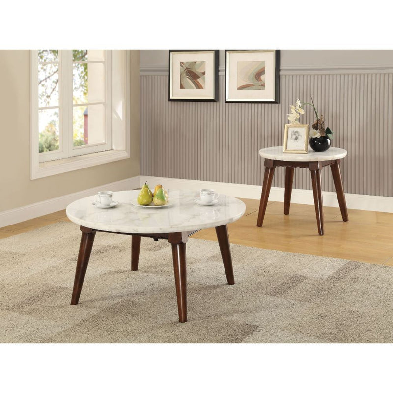 Gasha Round Coffee & End Table - White Marble Top & Tapered Legs in Walnut