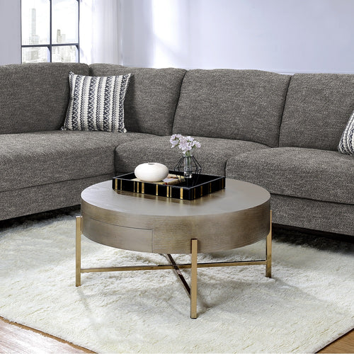Weyton Drum Coffee Table - Storage Drawer & Champagne X-Base in Light Brown