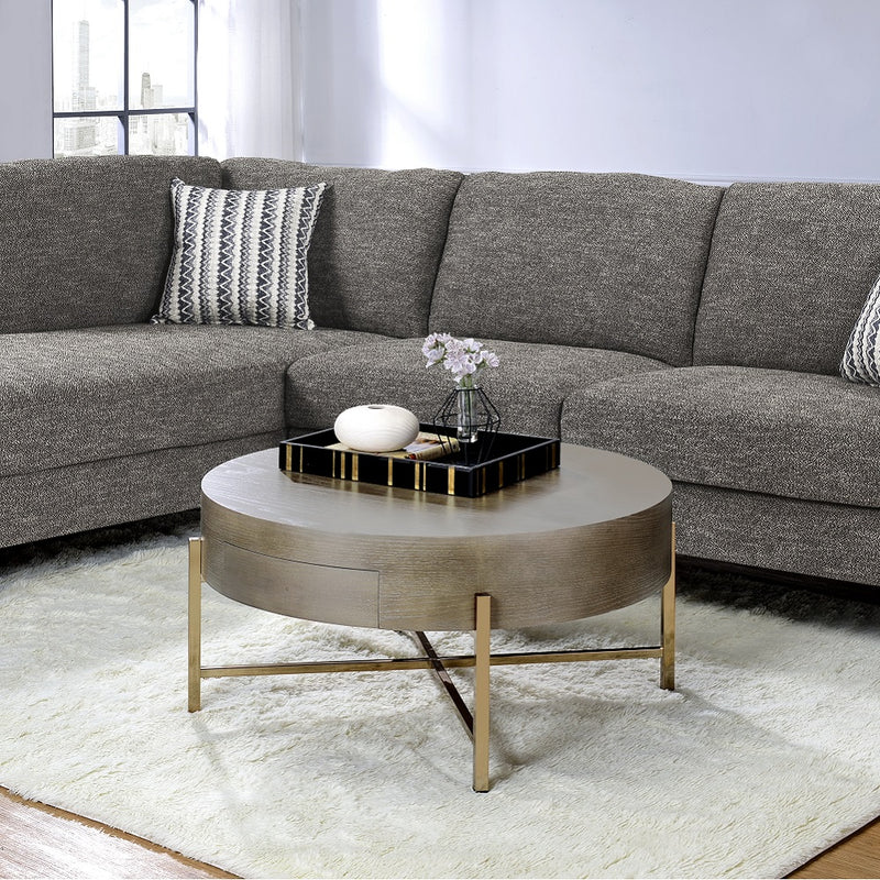 Weyton Drum Coffee Table - Storage Drawer & Champagne X-Base in Light Brown