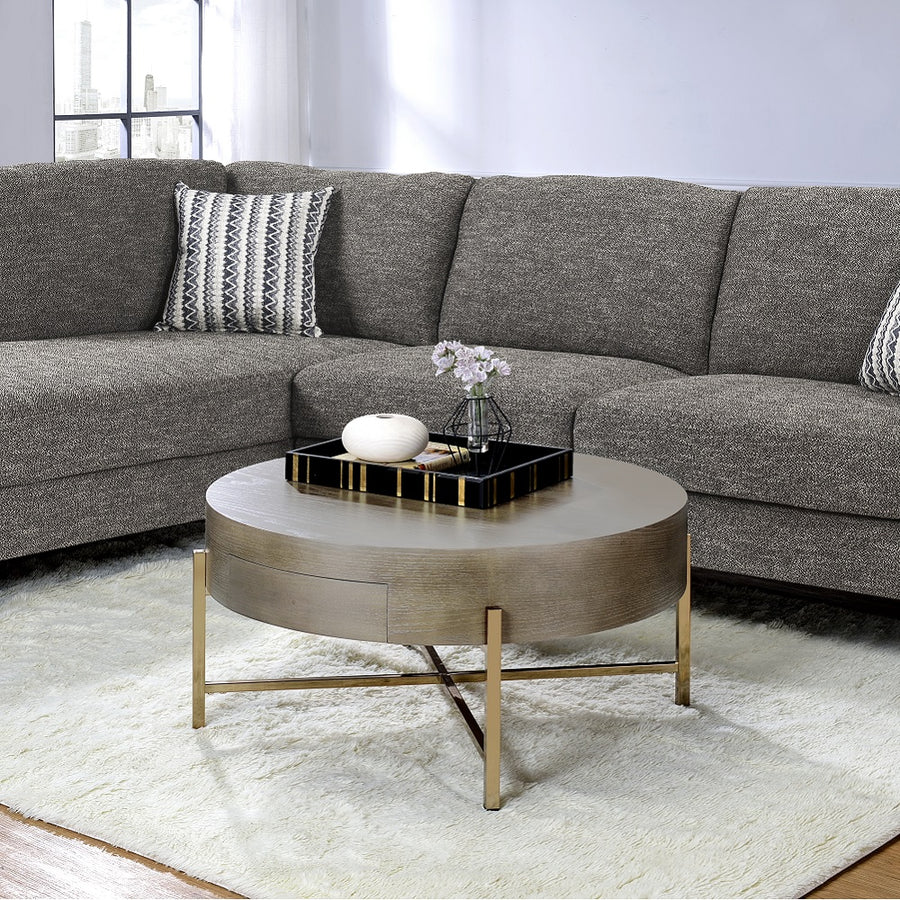Weyton Drum Coffee Table - Storage Drawer & Champagne X-Base in Light Brown