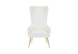 Front view of the Blair high-back accent chair in white fabric with gold legs.