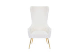 Front view of the Blair high-back accent chair in white fabric with gold legs.