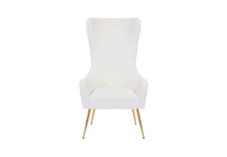 Front view of the Blair high-back accent chair in white fabric with gold legs.