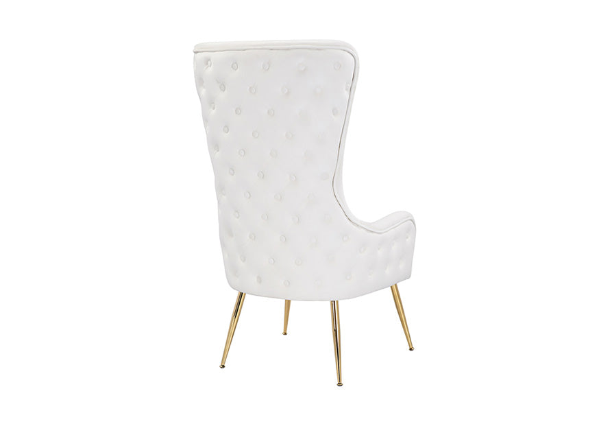 Close-up of the soft white fabric upholstery on the FOAK accent chair.