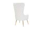 Close-up of the soft white fabric upholstery on the FOAK accent chair.